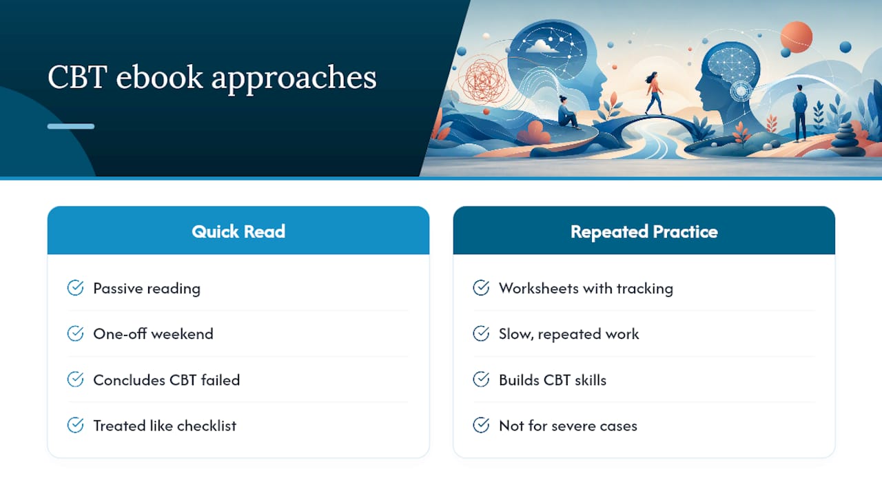 Diagram comparing CBT self-help reading approaches and outcomes