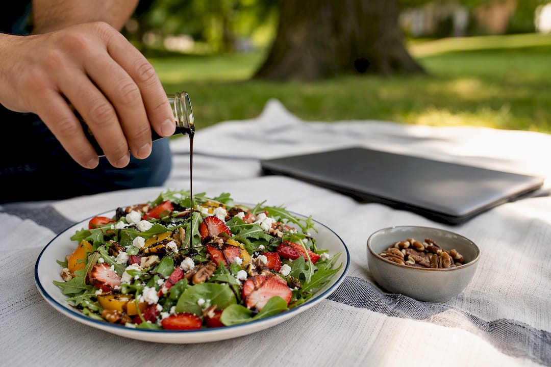 Hand adding fresh herbs to salad