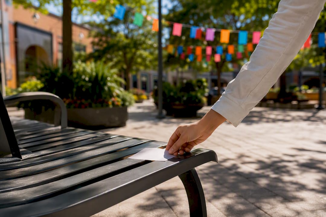 Hand placing flyer at community event table