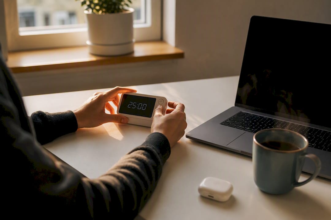 Hands setting study timer on desk