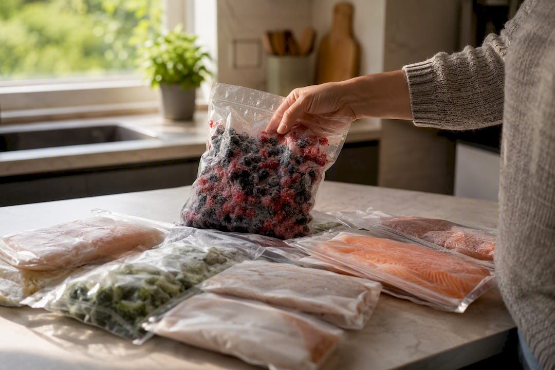 Hand selecting frozen berries in freezer drawer