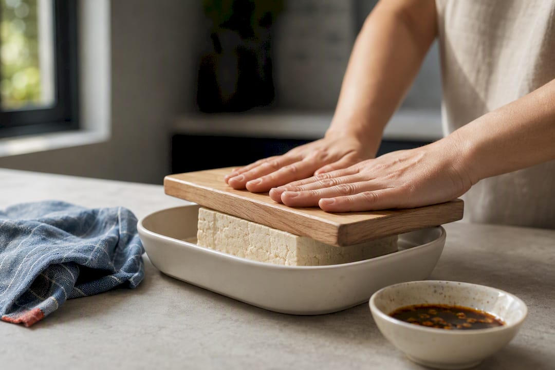 Hands pressing tofu before cooking