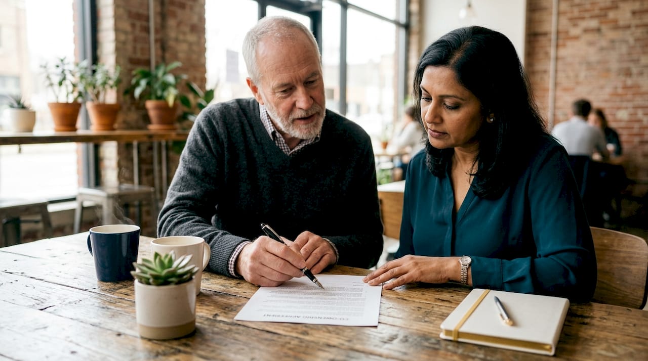 Co-owners discussing legal property agreement