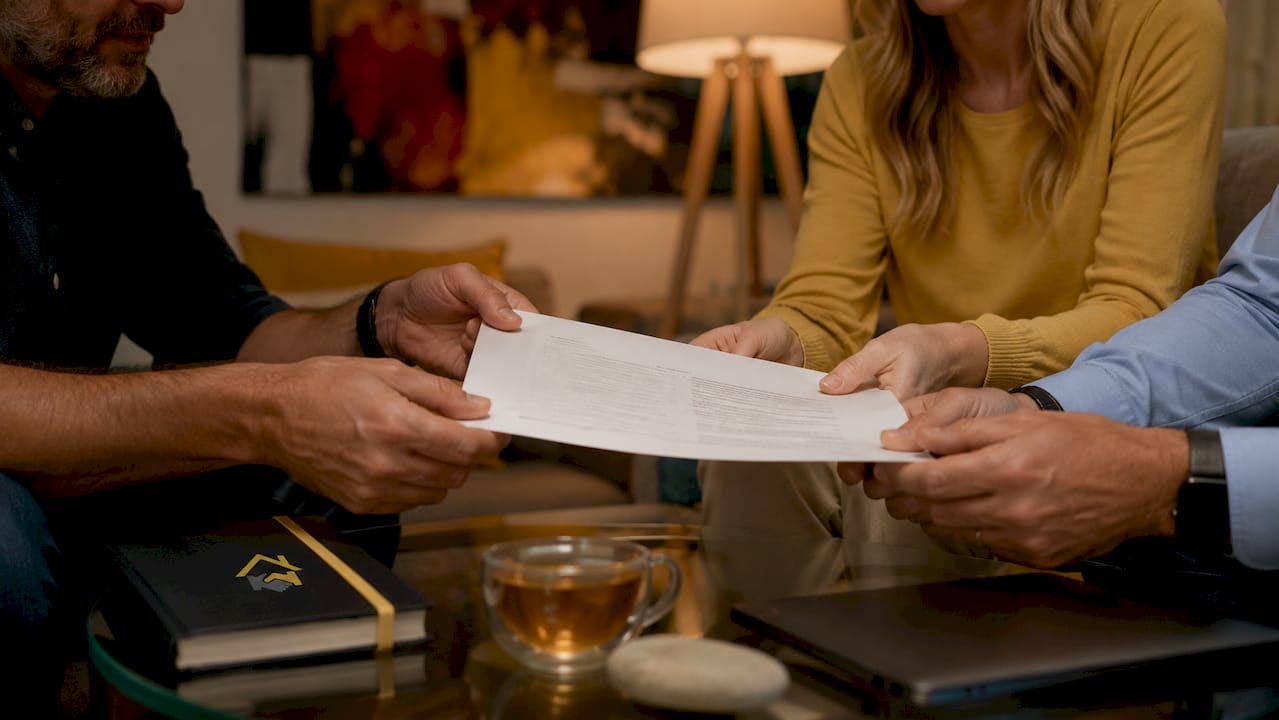 Three co-buyers handling legal property documents