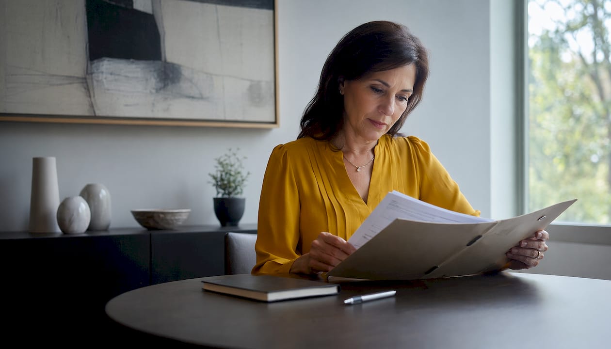 Hands holding legal property title documents in office