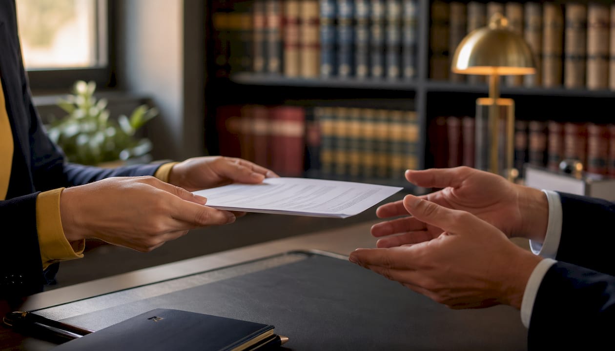 Close-up of hands exchanging deed of trust document