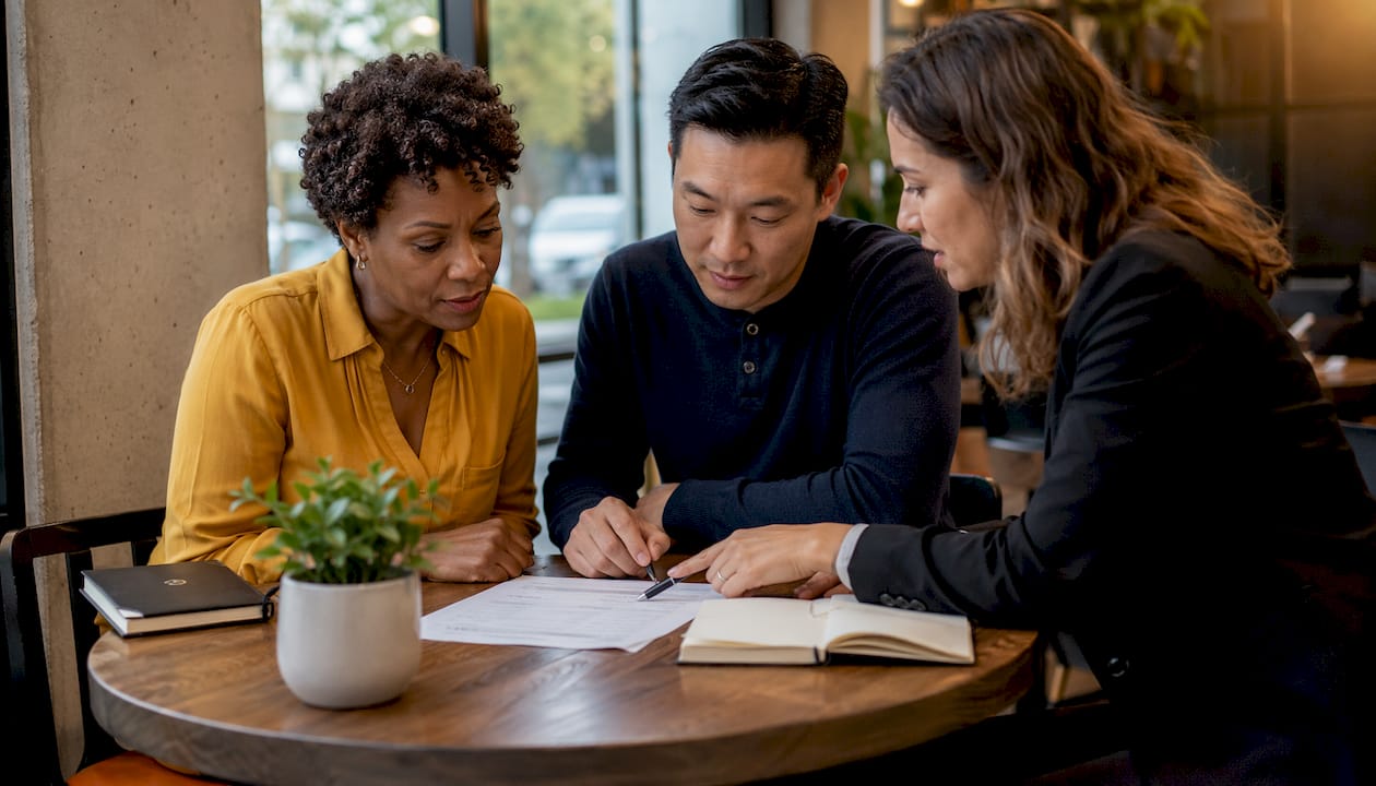 Two people reviewing mortgage documents with advisor