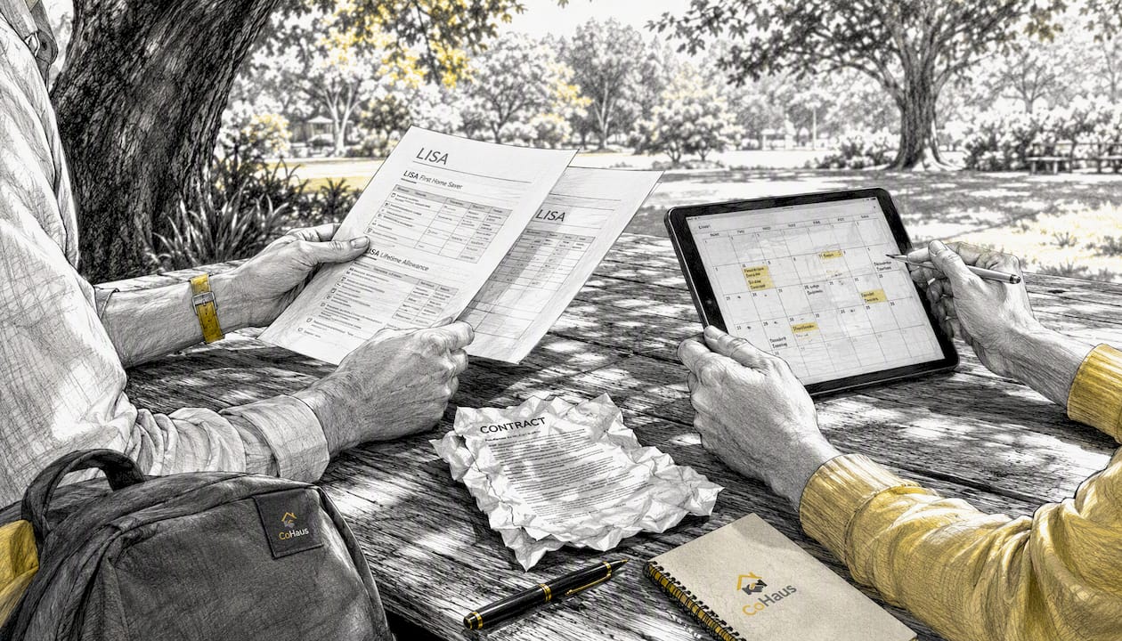 Hands coordinating LISA timing details over documents and phone