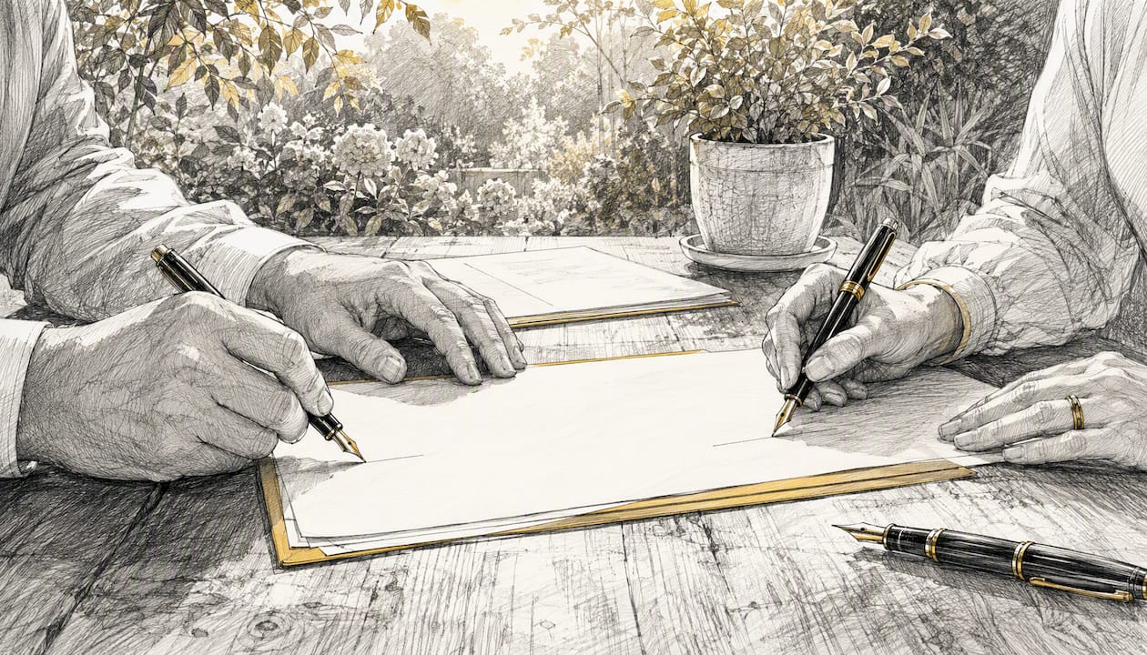 Two people signing ownership agreement documents