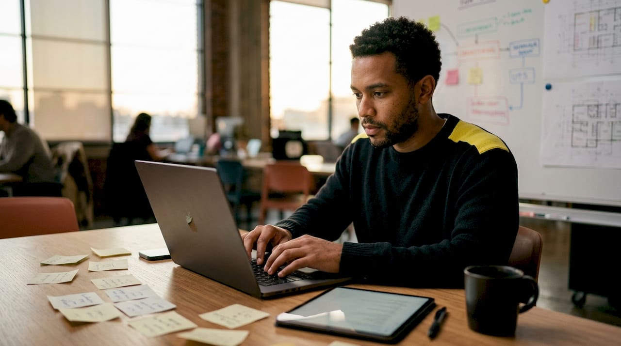 Engineer coding native app on laptop