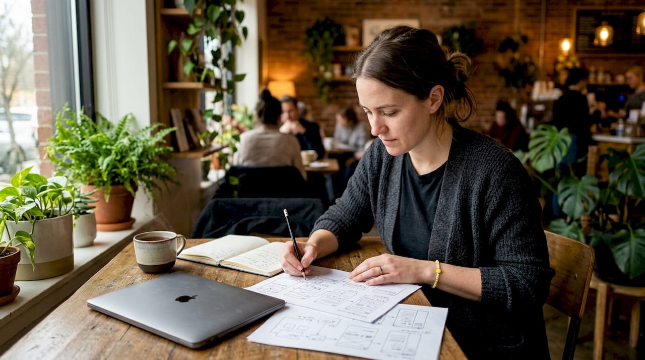 Founder reviewing web app wireframes at desk