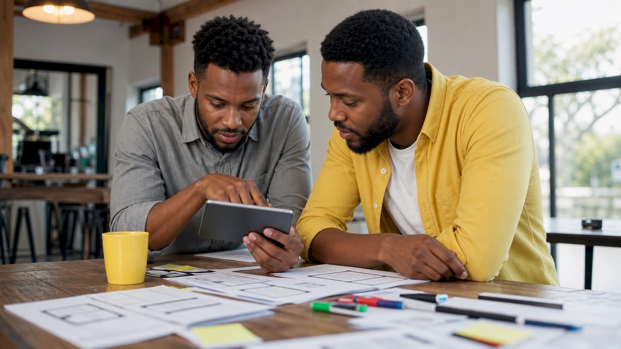 Two men collaborating on app wireframes in coworking space