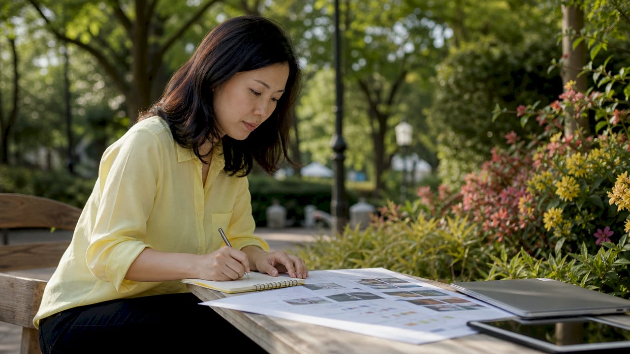 Woman reviewing app design portfolios in meeting room