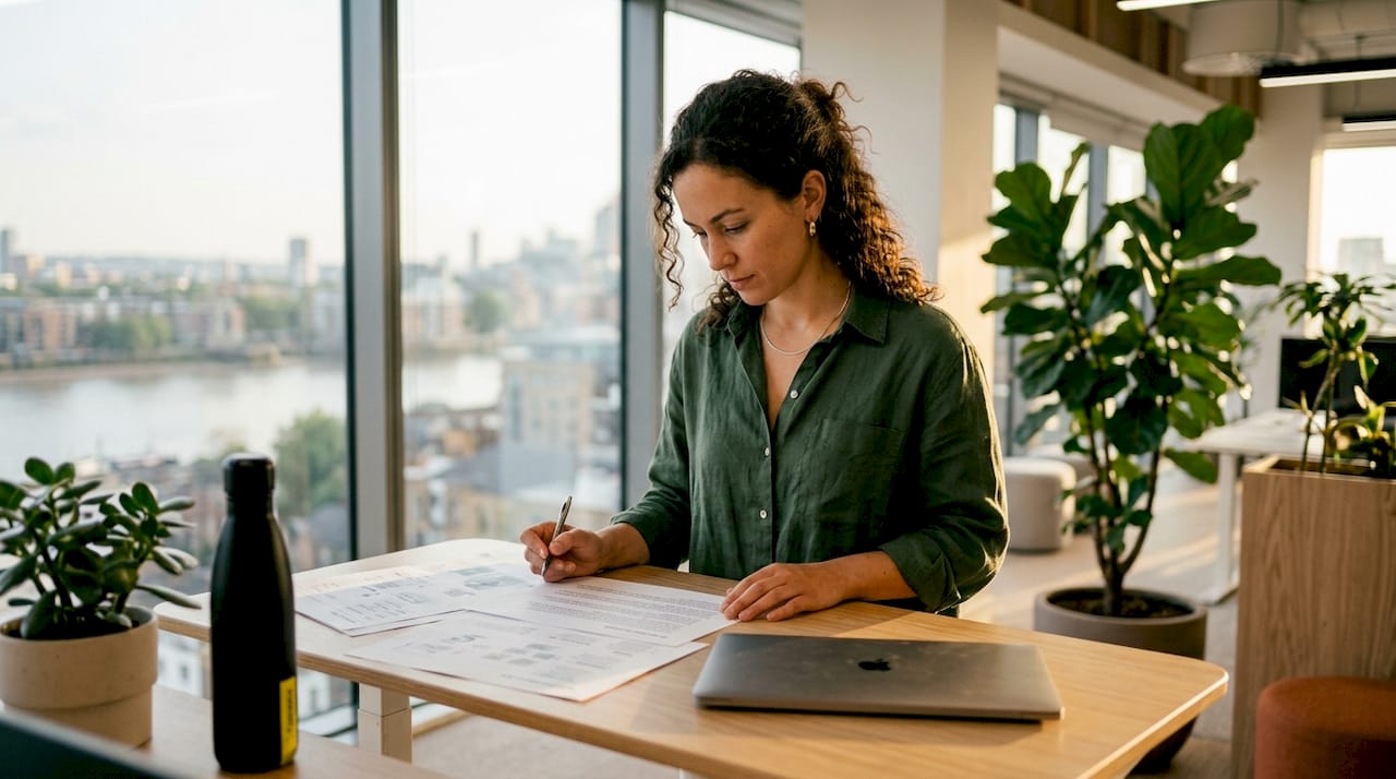 Product manager reviewing launch strategy documents