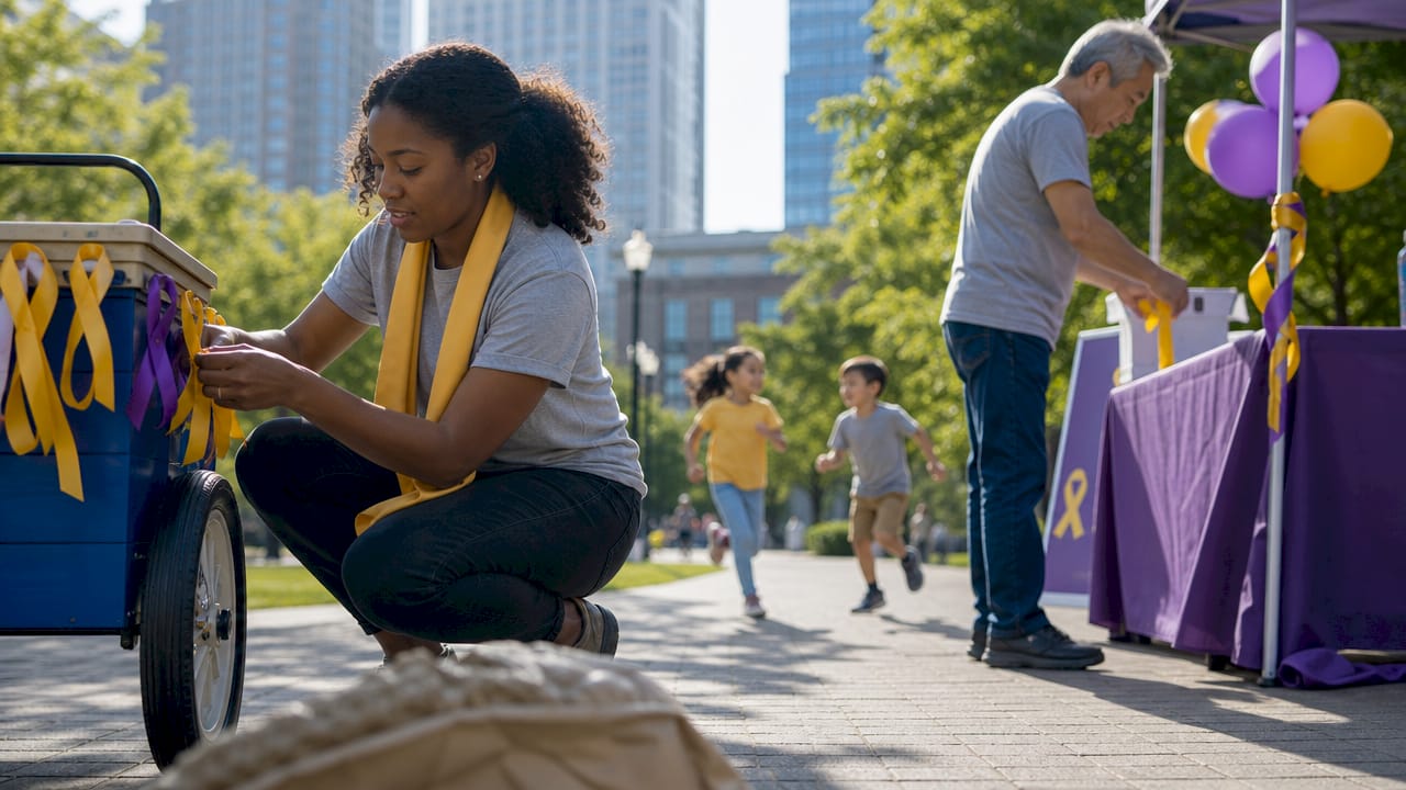 Volunteers preparing cancer awareness event outdoors