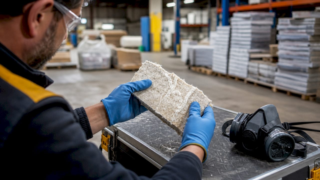 Hands of worker handling asbestos insulation safely