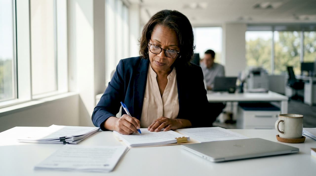 Grant analyst reviewing cancer research funding paperwork