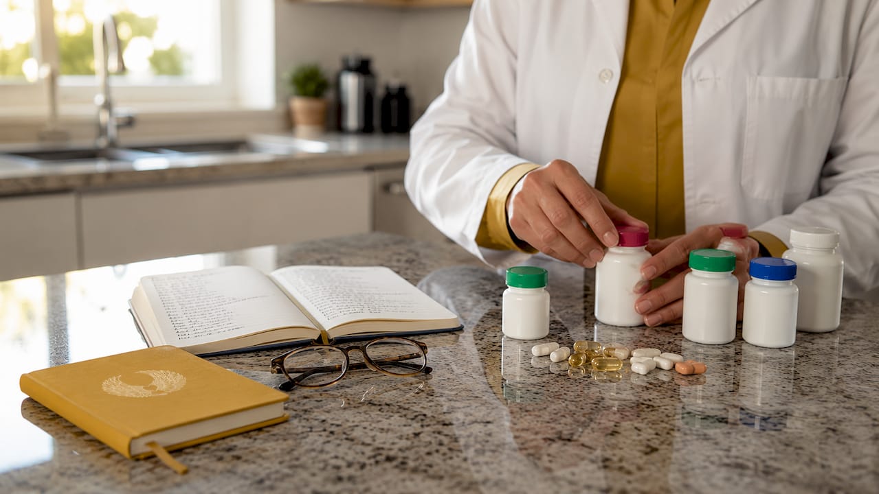 Pharmacist examining antioxidant supplements on table
