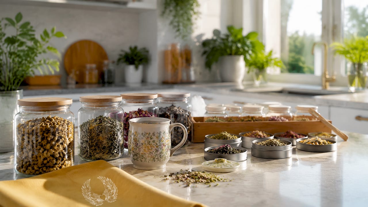 Assorted herbal teas and supplements on counter