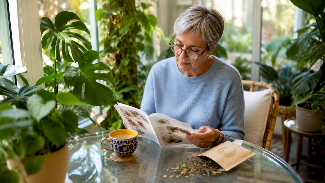 Woman reading tea safety guide for chemo