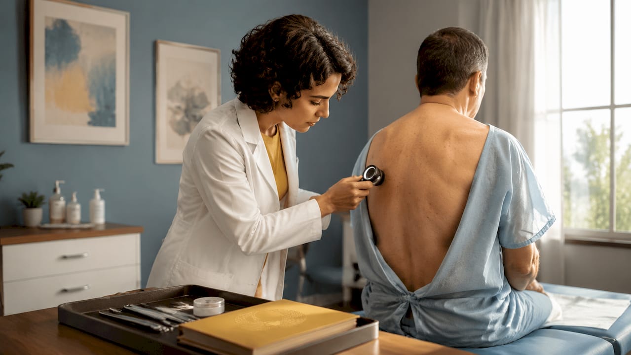 Dermatologist examining mole on patient's back