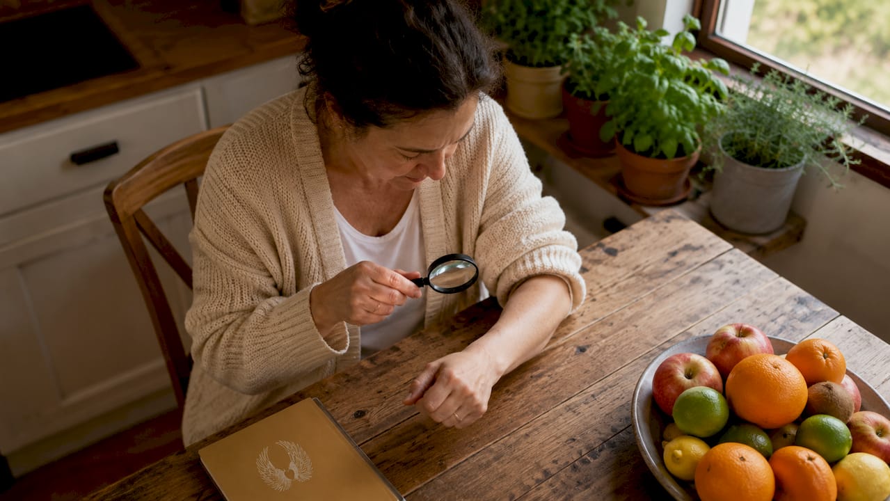 Woman examining mole on forearm with magnifying glass