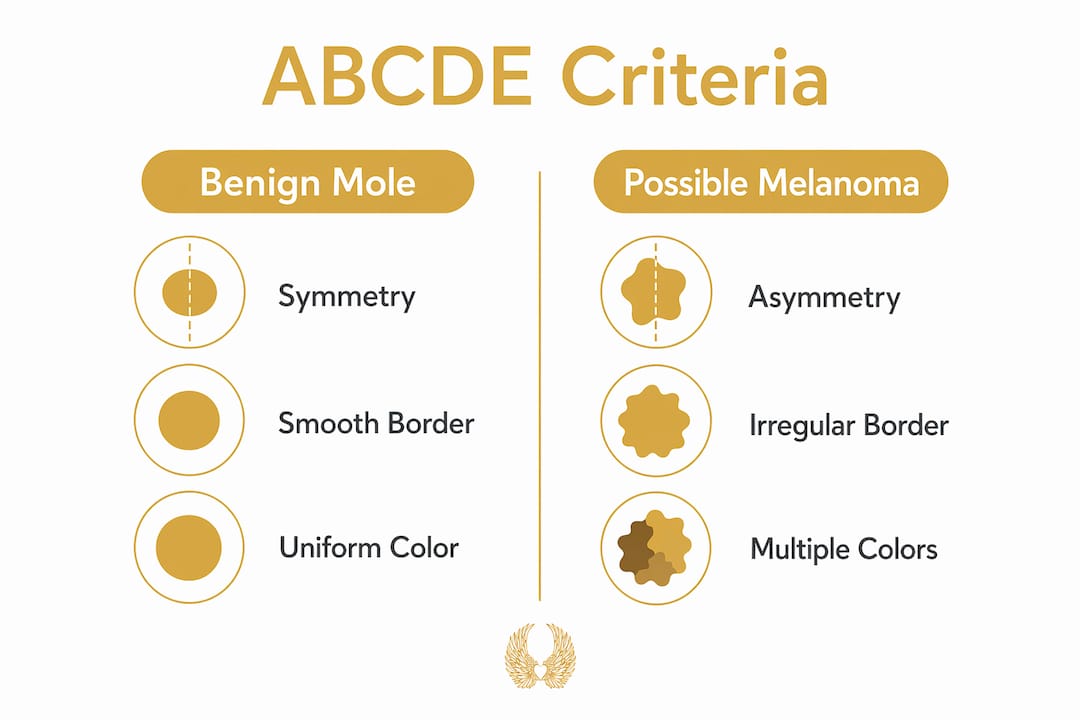 Infographic comparing benign mole and melanoma ABCDE criteria