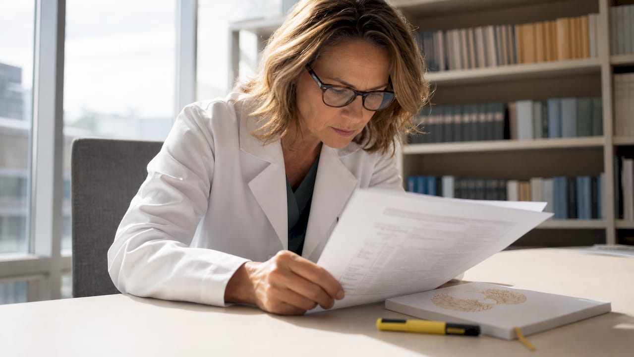 Oncologist reviewing pancreatic cancer trial documents