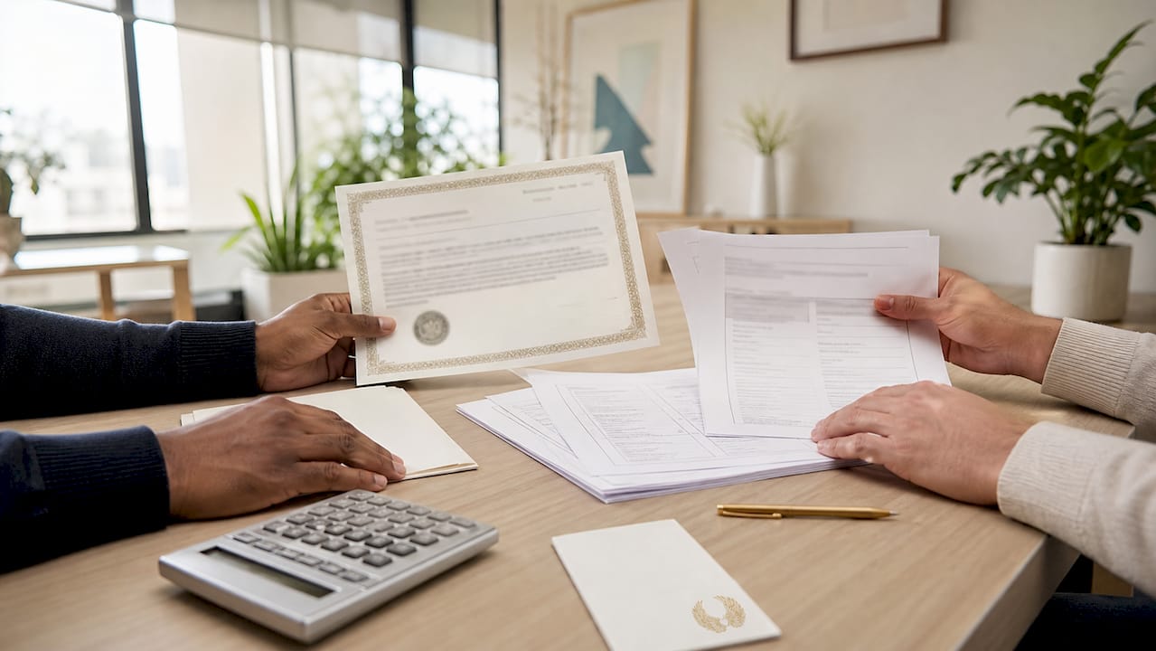 Hands organizing donation and tax documents