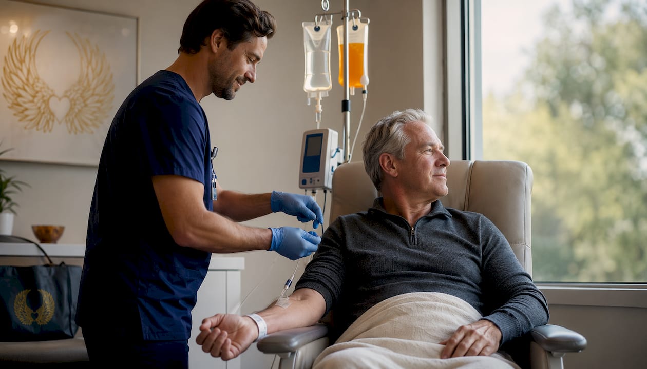 Nurse administering chemoimmunotherapy infusion to patient
