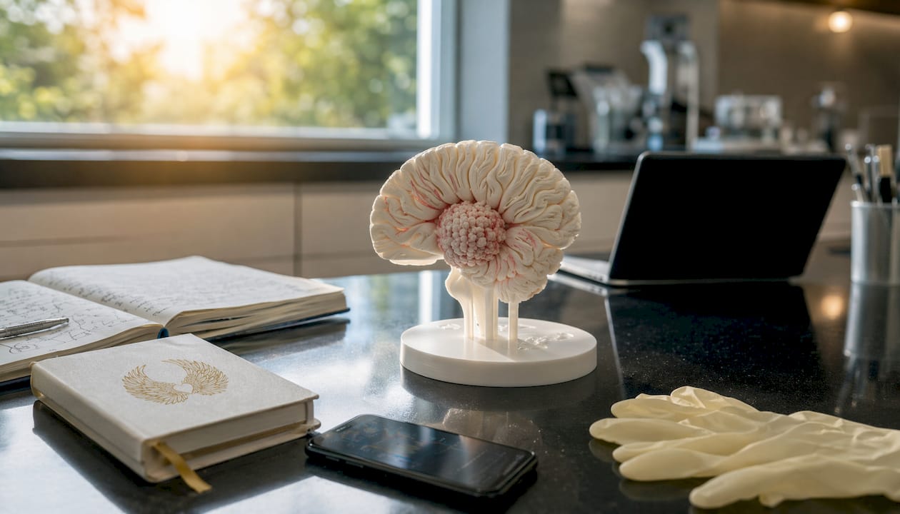 3D printed model of childhood brain tumor on table