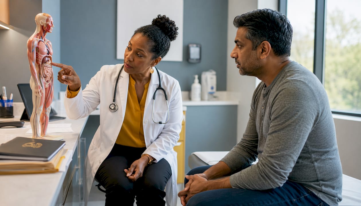 Oncologist explaining cancer staging to patient