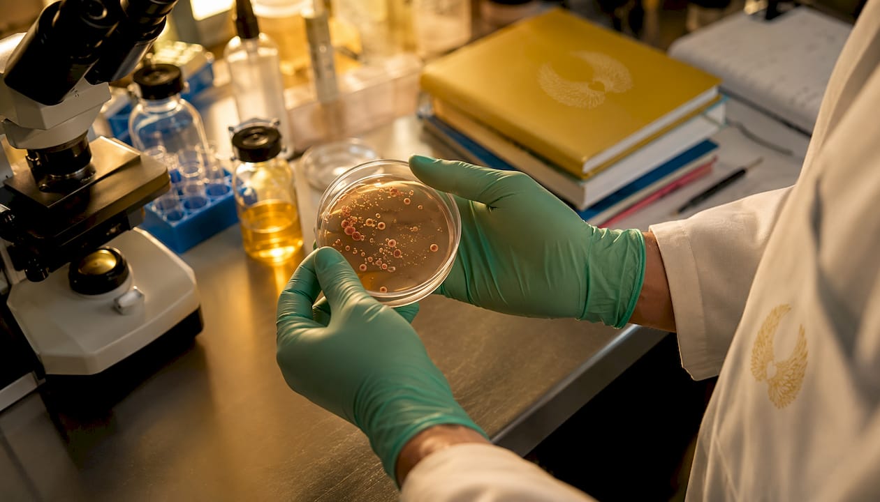 Lab scientist examining tumor cell cultures