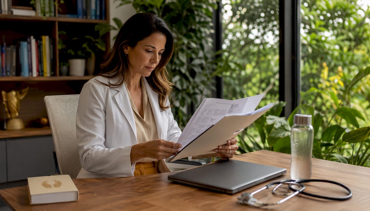 Oncologist reviewing malignant tumor reports