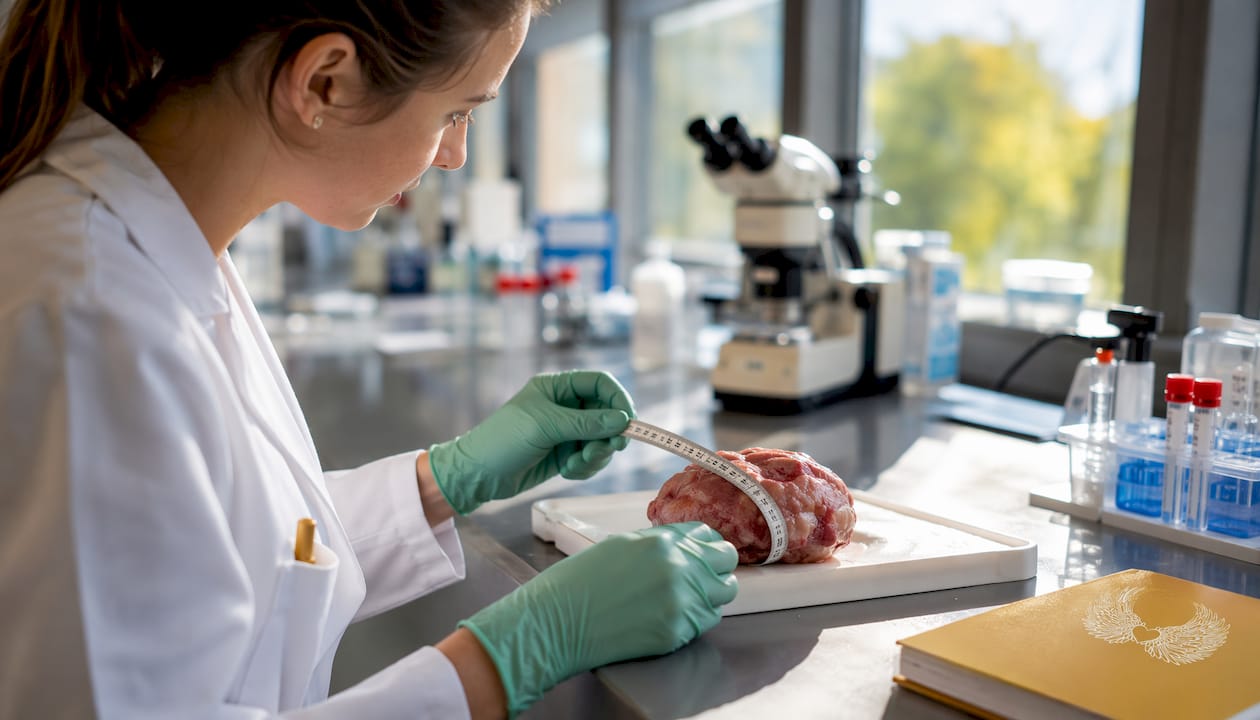 Pathologist measuring tumor size in lab