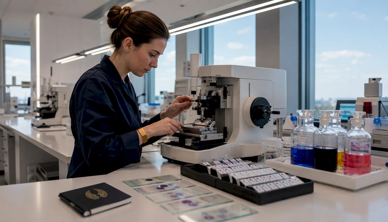 Technician preparing adenocarcinoma tissue samples