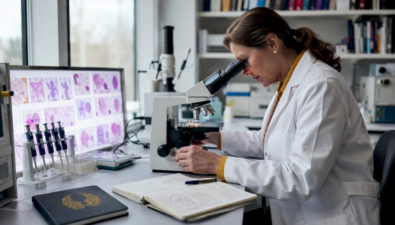 Pathologist examining tumor cells under microscope