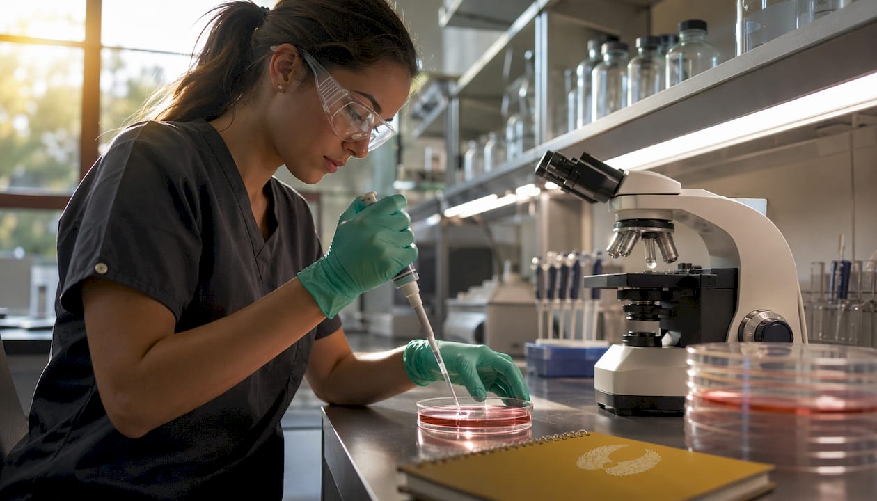 Researcher culturing sarcoma cells at lab bench