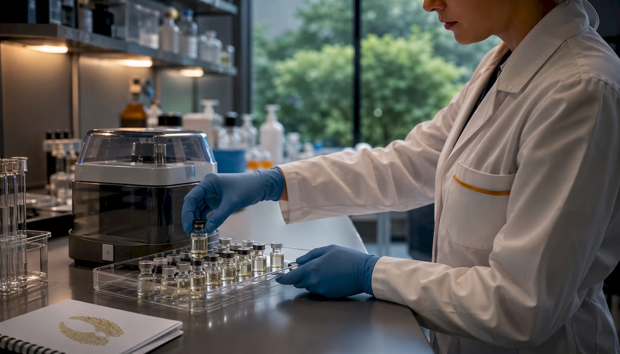 Lab technician handling immunotherapy drug vials