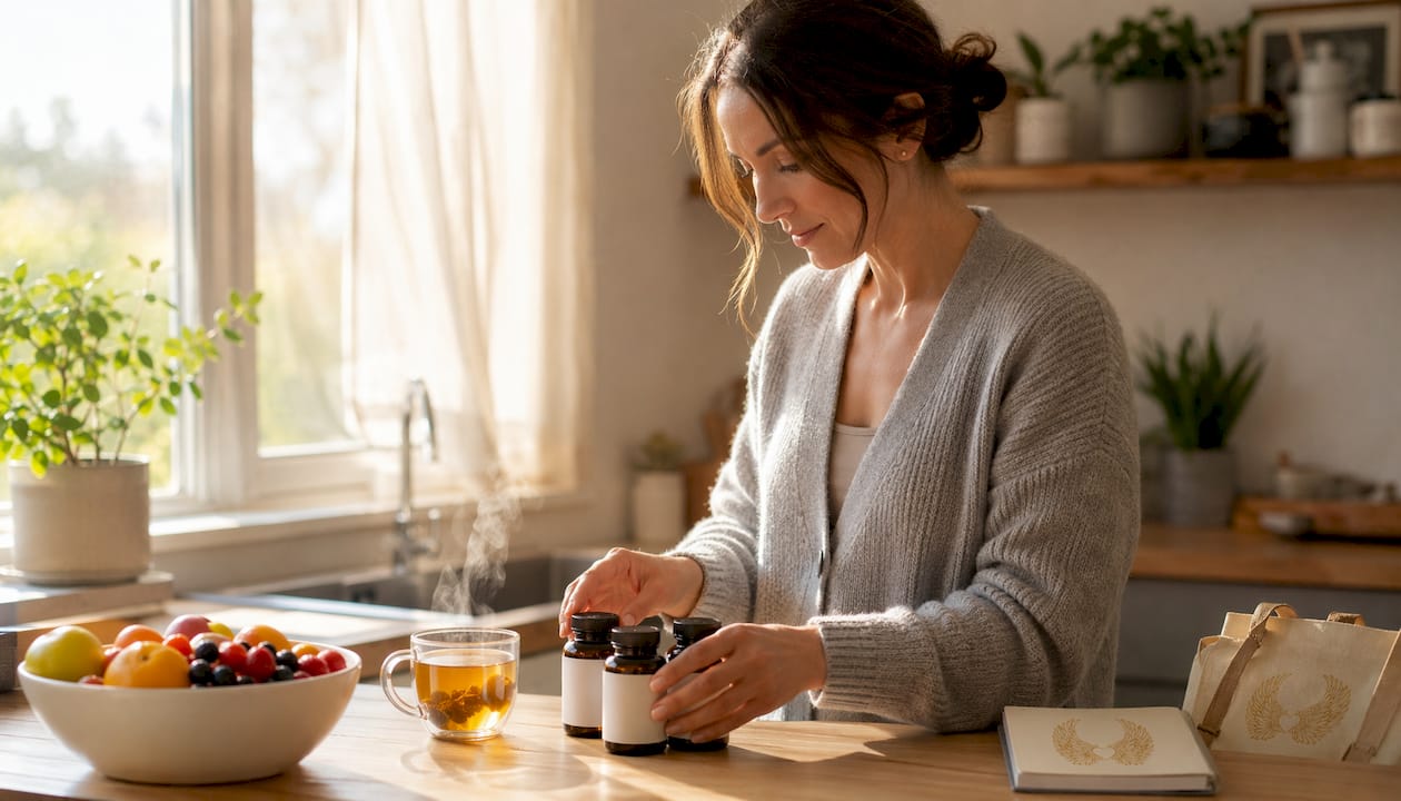 Hands organizing antioxidant supplement bottles