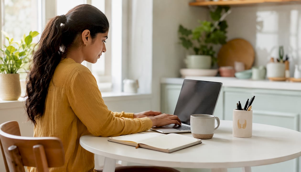 Young woman typing research proposal at standing desk