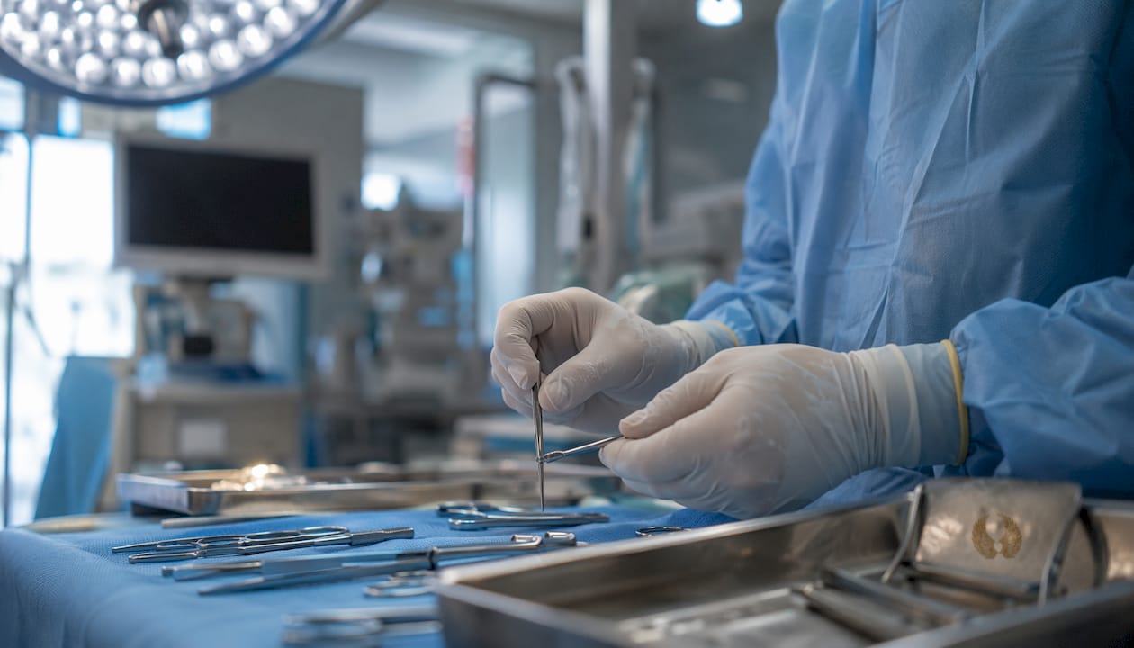 Surgeon’s hands with instruments preparing tumor removal