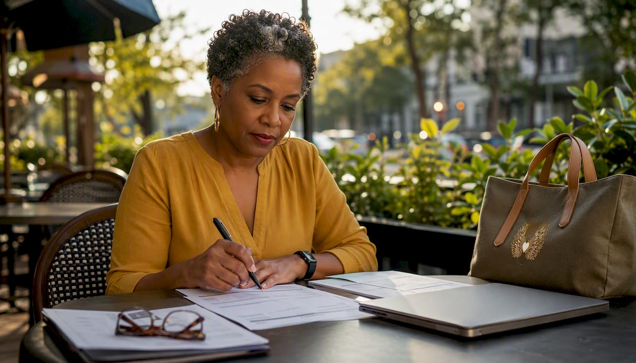 Woman reviewing charitable tax documents at home