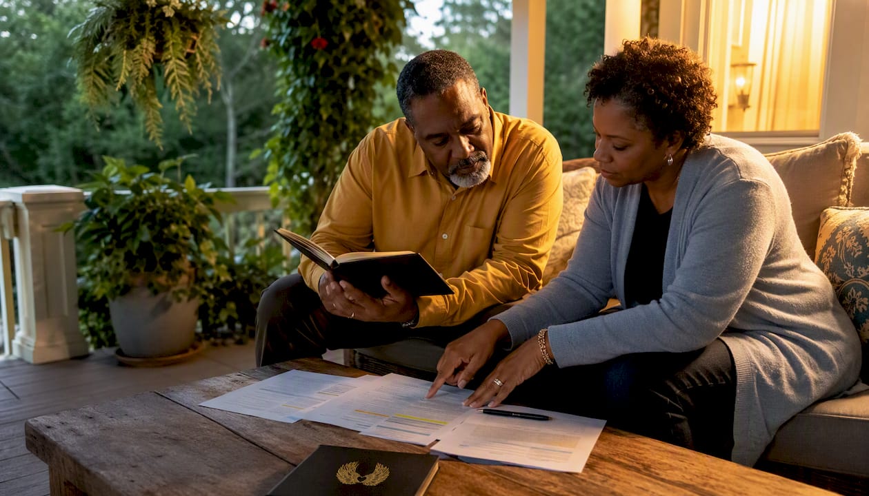 Couple reviewing financial documents discussing QCD impact