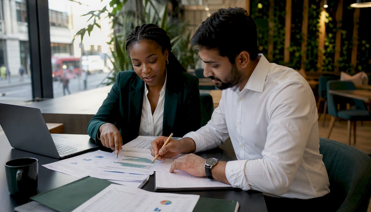 Two professionals reviewing import shipment documents