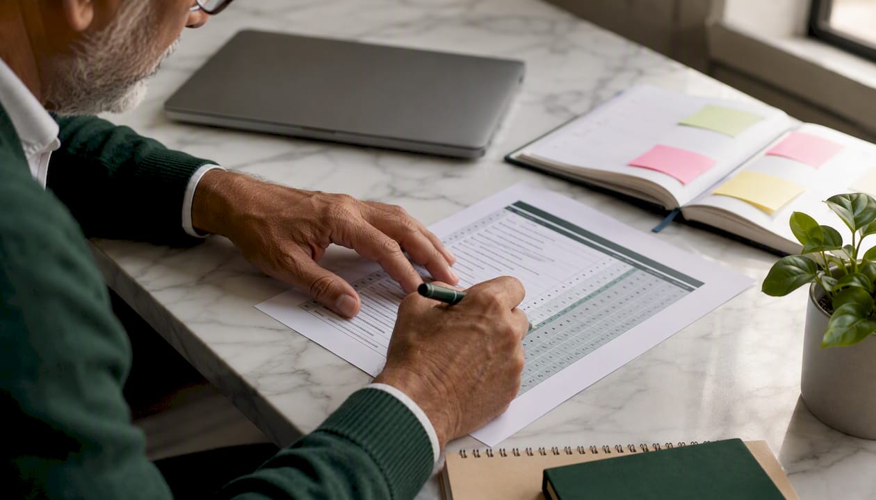 Hands marking product triage list on paper