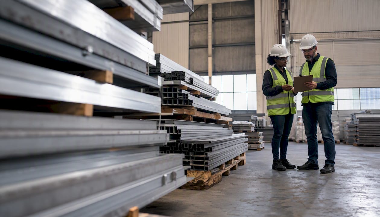Industrial warehouse with metal products and workers