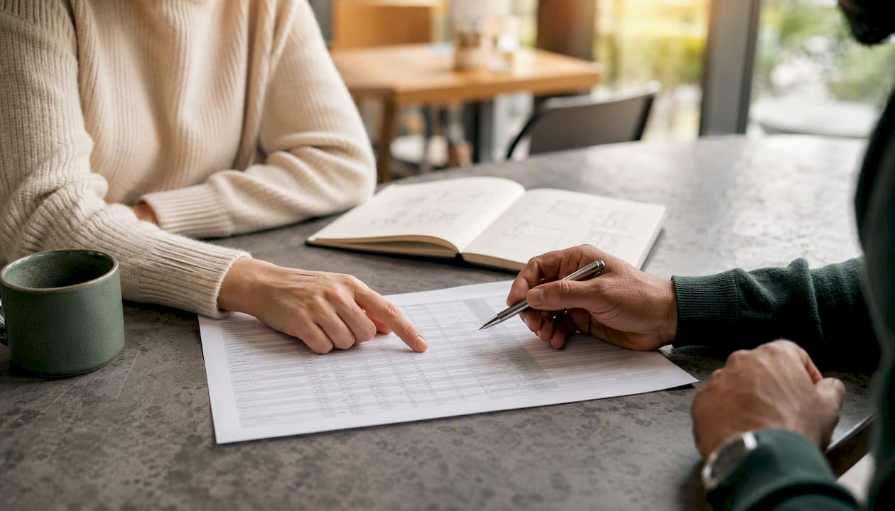 Close-up of hands reviewing default value data sheet