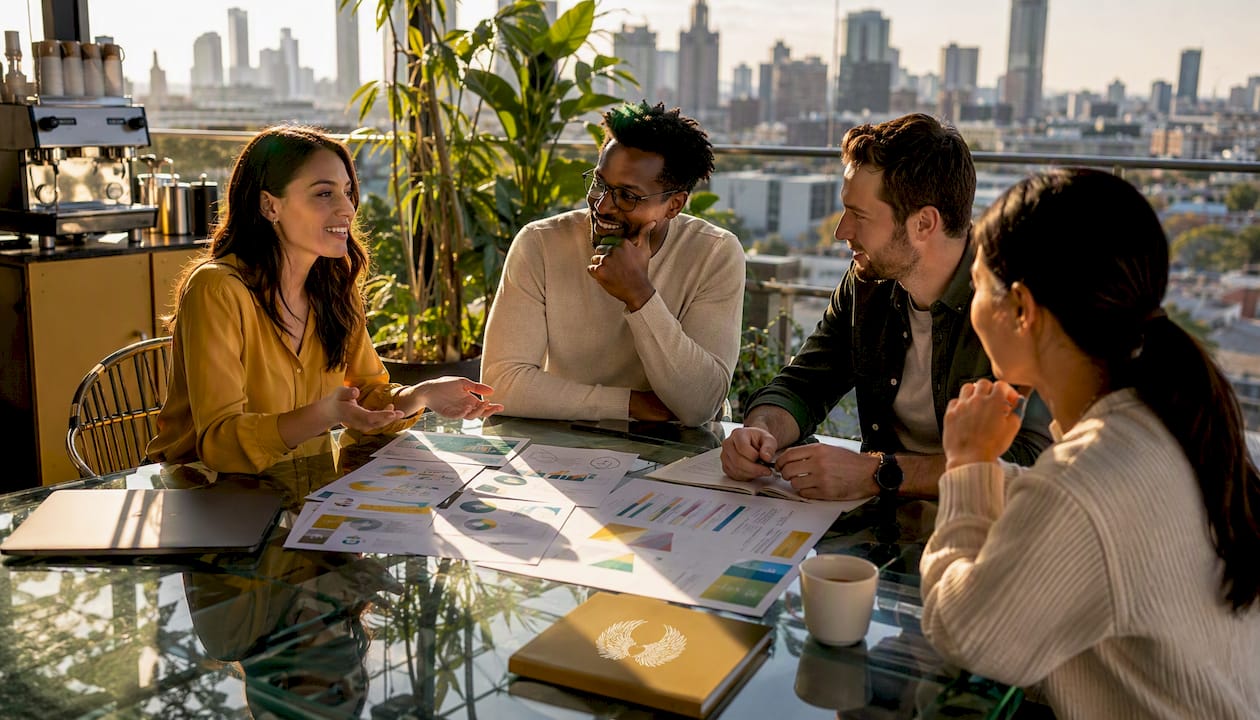Team meeting discussing corporate philanthropy