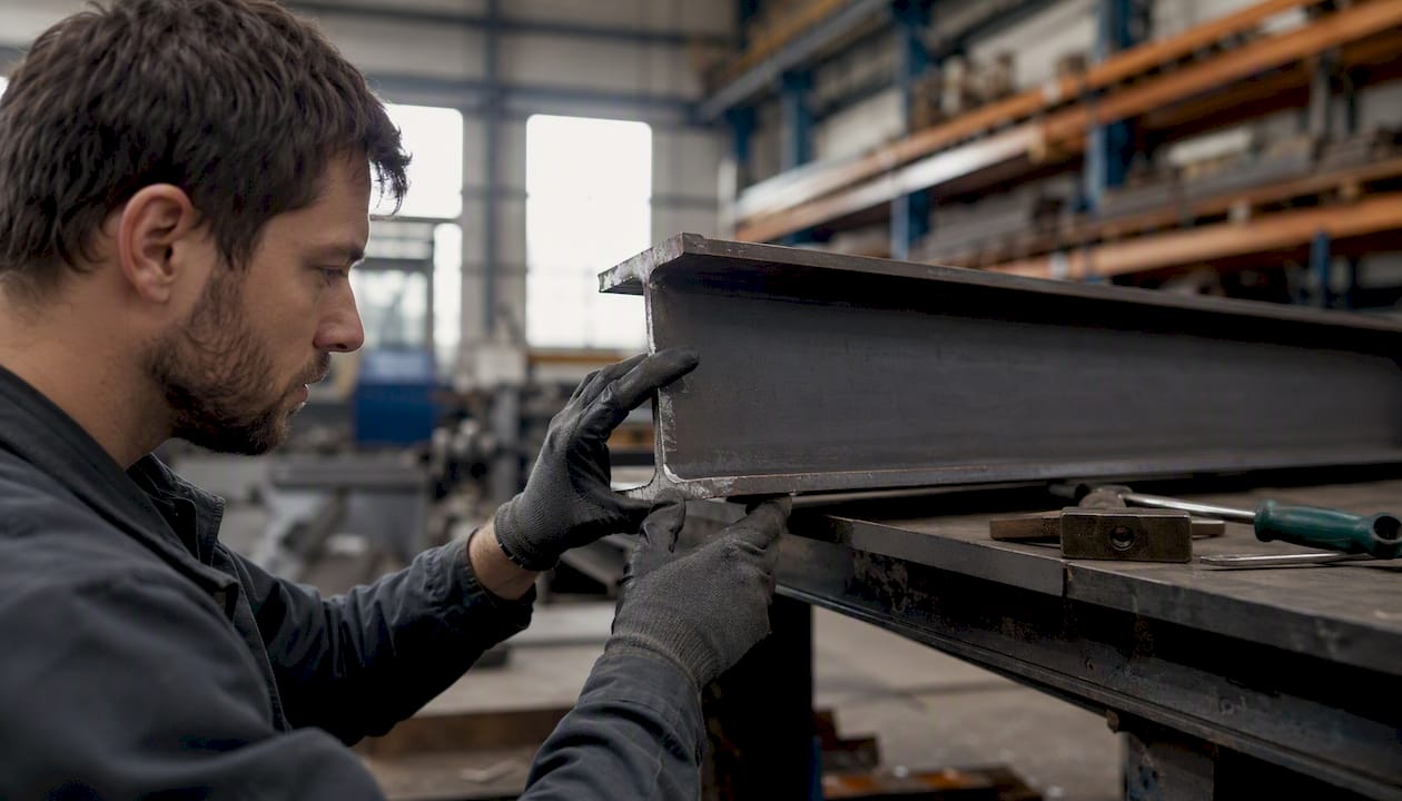 Hands inspecting steel beam material code